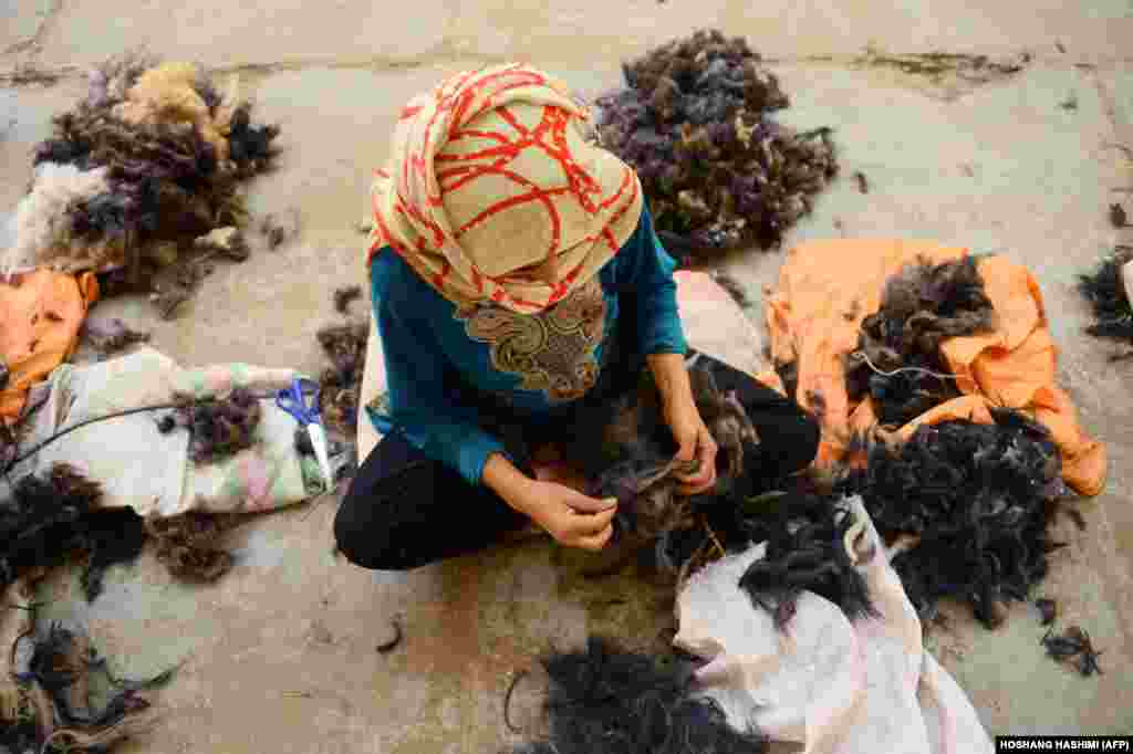 An Afghan woman works in a traditional wool factory in Herat. The goat wool is destined for export to China. (AFP/Hoshang Hashimi)