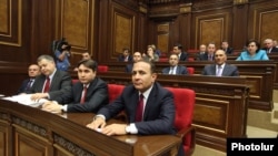 Armenia - Prime Minister Hovik Abrahamian and newly appointed members of his cabinet attend a parliament session, Yerevan, 30Apr2014.