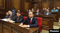 Armenia - Prime Minister Hovik Abrahamian and newly appointed members of his cabinet attend a parliament session, Yerevan, 30Apr2014.