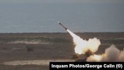 A Patriot missile is fired during military exercises at the Black Sea training range in Capu Midia, in Constanta, Romania, in November 2023.