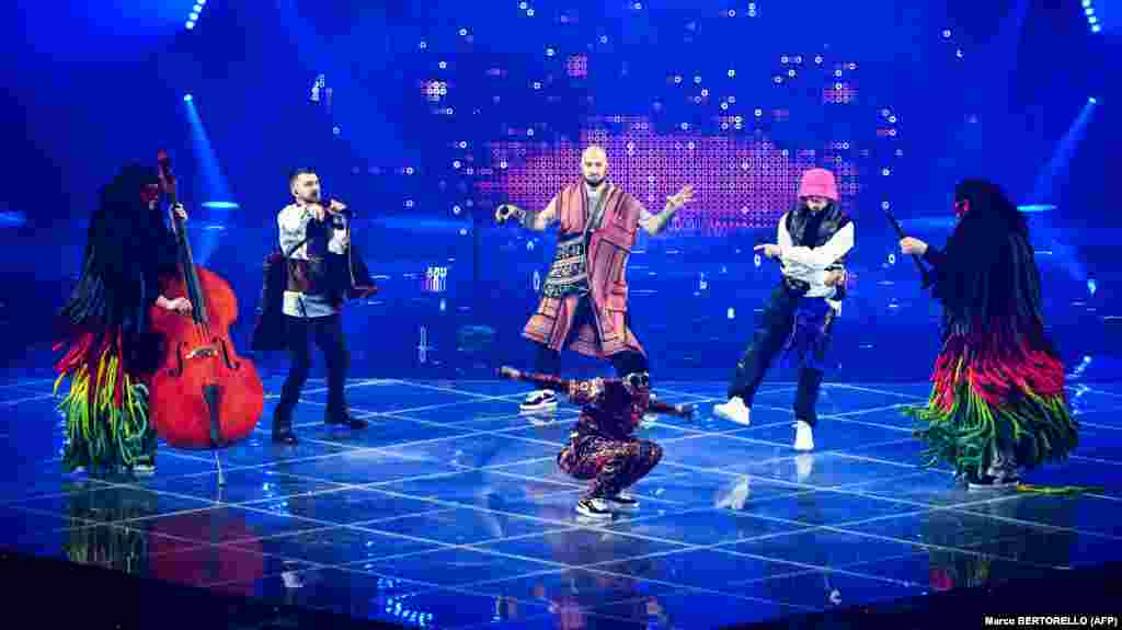 Winner Kalush Orchestra from Ukraine performs during the final of the 2022 Eurovision Song Contest in Turin, Italy, on May 14.