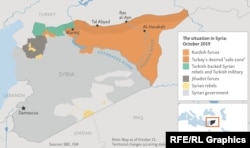 Карта на английском языке, показывающая военно-политическую ситуацию в Сирии по состоянию на 15 октября 2019 года