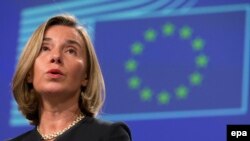 Belgium -- EU foreign policy chief Federica Mogherini speaks during a press conference in Brussels, May 24, 2017