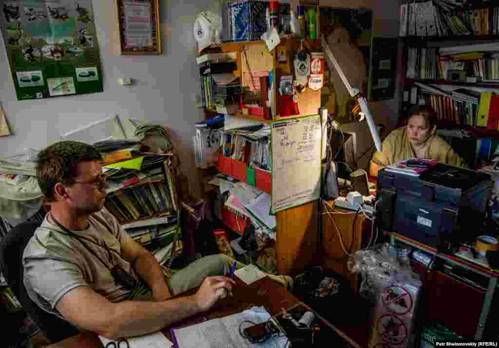 Valaam National Park employees Kirill Smyshnikov (left) and Elena Mikhaleva at the park&#39;s offices