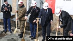 Armenia - Armenian Defense Minister Vigen Sargsian (second from right), U.S. Ambassador Richard Mills (right) inaugurate the start of the revonation of the Zar Military Training Facility, 3Mar2017.