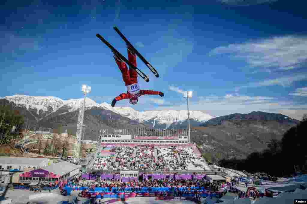 Aerial skier Aleksandra Orlova of Russia jumps during a training session.