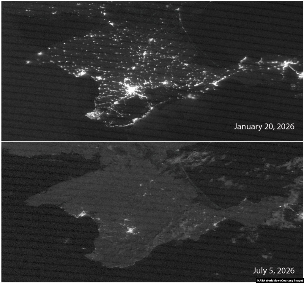 Një imazh satelitor i kombinuar krahason pamjen e Krimesë gjatë natës në janar dhe në korrik 2026.Furnizuesi me energjisë elektrike në Krime, Krimenergo, njoftoi më 7 korrik se: "Për shkak të avarive të shkaktuara nga sulmet me dronë të armikut, një numër vendbanimesh përballen me mungesë të energjisë elektrike".