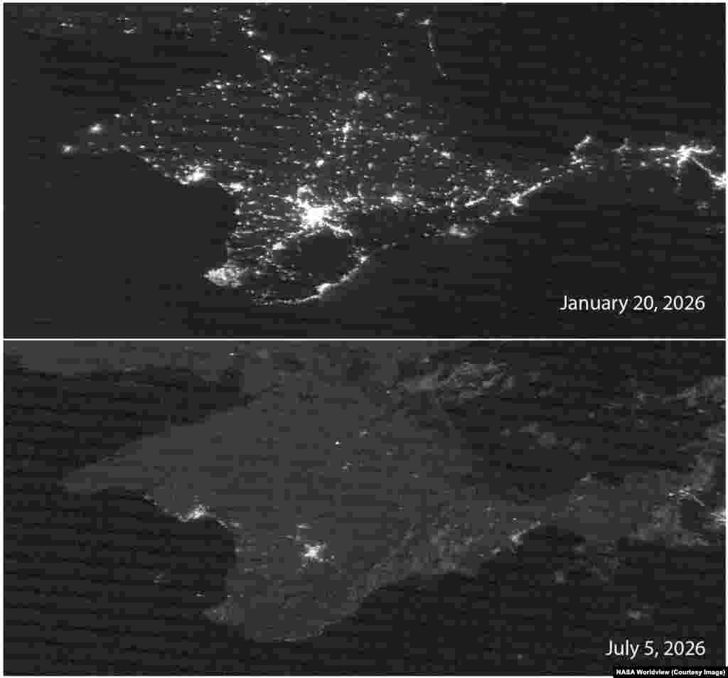 A combination satellite image compares Crimea by night in January and July 2026.Crimea’s electricity supplier, Krimenergo, announced on July 7 that "due to accidents caused by enemy drone strikes, a number of populated areas are currently without power supply.”