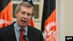 Afghanistan -- James Warlick, Deputy Special Representative for Afghanistan and Pakistan, speaks during a joint press conference with Eklil Hakimi, Afghan ambassador to Washington, at the Foreign Ministry in Kabul, 15Nov2012