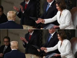 Kryesuesja e Dhomës së Përfaqësuesve, Nancy Pelosi ia zgjat dorën presidentit Trump, por presidenti e ka injoruar atë.