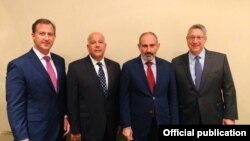 U.S. -- Armenian Prime Minister Nikol Pashinian meets with the Armenian Assembly's co-chairs, Van Krikorian (R) and Anthony Barsamian, and executive director, Bryan Ardouny (L), New York, September 24, 2019.
