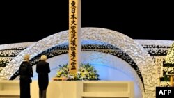 Жапония императоры Акихито мен императрица Митико жер сілкінісі мен цунами құрбандарына арналған мемориал алдында тұр. Токио, 11 наурыз 2012 жыл.