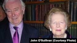 John O'Sullivan with Margaret Thatcher in London in 2009