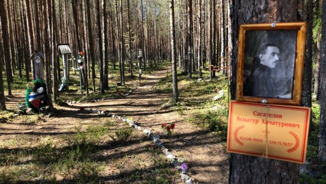 A portrait of a victim of Stalin's Great Terror is shown pinned to a tree at the Sandarmokh site.