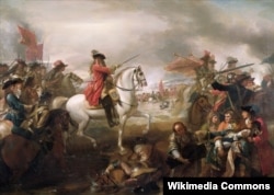 Вильгельм Оранский в решающем сражении на реке Бойн 1 июля 1690 года. Художник Бенджамин Уэст. 1781.