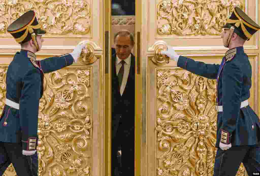 Russian President Vladimir Putin arrives at a meeting for heads of state from the Collective Security Treaty Organization (CSTO) at the Kremlin in Moscow on December 23. (TASS/​Ilya Pitalev)
