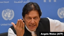 Pakistani Prime Minister Imran Khan speaks during a press conference at the United Nations Headquarters in New York on September 24.