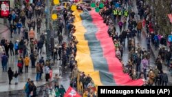 Люди несуть державний прапор Литви. Вільнюс, Литва. 11 березня 2020 року