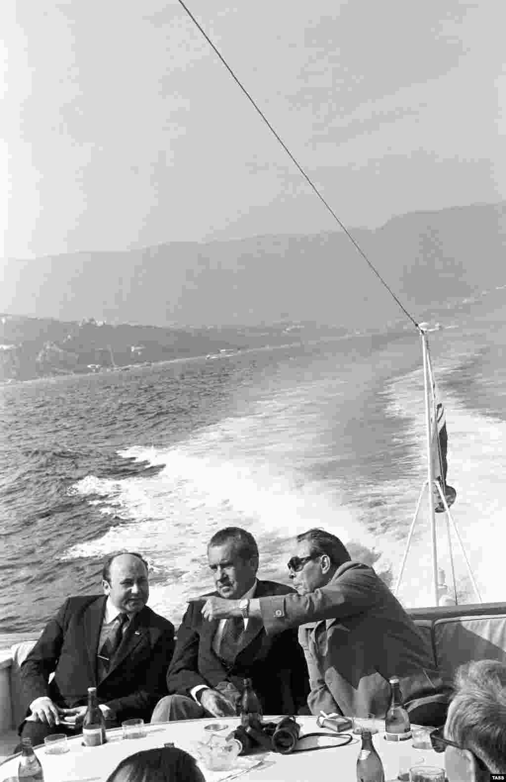 Despite East-West tensions, Brezhnev and U.S. President Richard Nixon shared a suprising number of relaxing moments. The Cold War adversaries went on a Black Sea boat trip during Nixon&#39;s trip to Crimea in 1974.&nbsp;