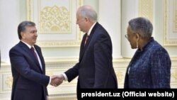 Президент Узбекистана Шавкат Мирзияев (слева) и заместитель государственного секретаря США по политическим вопросам Томас Шэннон. Ташкент, 26 марта 2018 года.