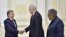 Uzbek President Shavkat Mirziyoyev (left) meets with U.S. Undersecretary of State Thomas Shannon (center) in Tashkent on March 26.