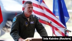 U.S. Air Forces in Europe Commander Tod Wolters speaks during a NATO Baltic air-policing-mission takeover ceremony in Siauliai, Lithuania, on August 30, 2017.
