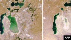 Арал теңізінің 2006 жылы (сол жақта) және 2009 жылы (оң жақта) түсірілген суреті. 10 шілде 2009 жыл.