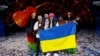 Kalush Orchestra from Ukraine celebrates after winning the 2022 Eurovision Song Contest in Turin, Italy, on May 15.