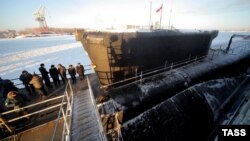 Russia's new nuclear-powered ballistic missile submarine the "Yury Dolgoruky" at Sevmash shipyard in Severodvinsk (file photo)