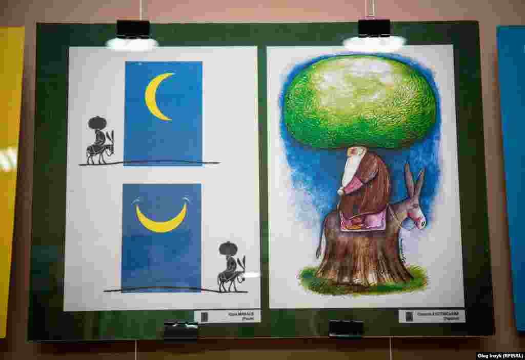 &laquo;Ходжа Насреддін благодатний матеріал для карикатури, він уособлює у собі парадоксальні моменти. Вони завжди удвох із віслюком. Мудрий Ходжа Насреддін ніби плодоносить, а віслючок, що зображений як дерево, його антипод&raquo; &ndash; український художник-карикатурист Олексій Кустовський