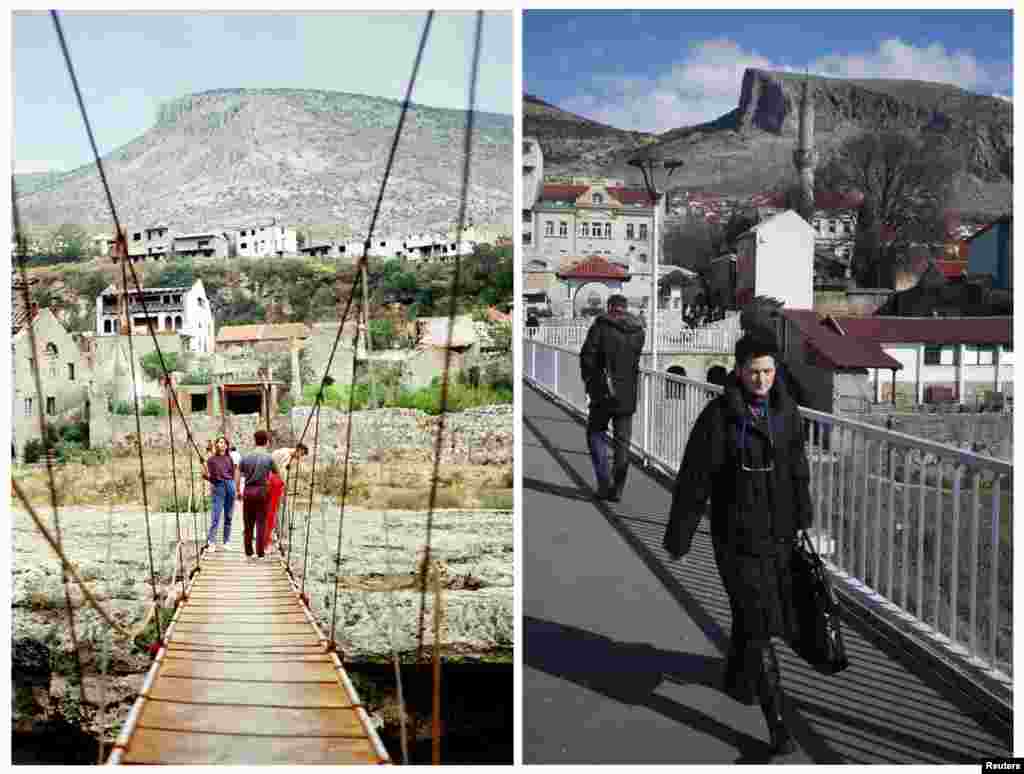 People walk across a bridge in Mostar in June 1993. On the right, a newly built bridge at the same location in 2013