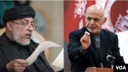 محمد اشرف غنی رئیس جمهوری افغانستان و شیر محمد عباس ستانکزی عضو ارشد دفتر سیاسی گروه طالبان در قطر.