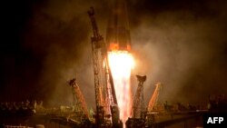 A Russian Soyuz spacecraft blasts off from the Russian-leased Kazakh Baikonur cosmodrome in May 2013. 