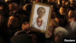 A supporter of opposition parties attends a protest rally and holds up a portrait of jailed opposition leader Yulia Tymoshenko, in Kyiv on November 12.