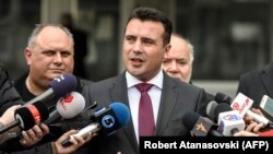 Macedonian Prime Minister Zoran Zaev speaks to the press in front of the Skopje court on March 6.