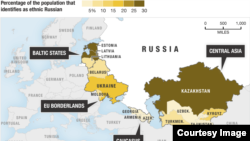 Карта, показывающая процент этнических русских в населении постсоветских стран.