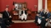 FILE: U.S. Secretary of State Mike Pompeo, left, with Afghan President Ashraf Ghani, Afghan Chief Executive Officer Abdullah Abdullah, and former Afghan President Hamid Karzai, right, at the Presidential Palace in Kabul in June 2019.