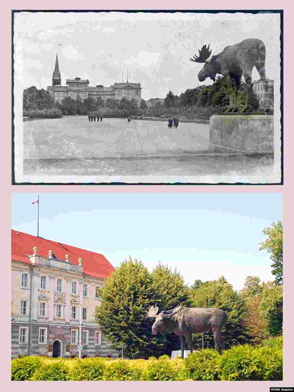 Sovetsk (fomerly Tilsit). The caption on the postcard reads: &ldquo;Tilsit, Eastern Prussia. Adolf Hitler Square.&rdquo; Before it was named for Hitler, the square had been called Anger Platz. Today it is Theatre Square.&nbsp; The Bronze sculpture of a moose by Berlin&rsquo;s Ludwig Vordermayer was unveiled on June 29, 1928. The moose quickly became a symbol of Tilsit. In 1947, the sculpture was moved to the city park. A T-34 tank replaced it. Around the tank was a memorial and burial place for the Soviet soldiers who died liberating the town from Nazi German forces. In the 1950s, the sculpture was moved to the zoo in Kaliningrad. In 2007, after lengthy debates between the city of Kaliningrad and Sovetsk, the moose returned to Sovetsk and took a new spot in the park across from the city administration.&nbsp;
