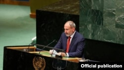 Премьер-министр Армении Никол Пашинян выступает в ходе 74-й сессии Генеральной Ассамблеи ООН в Нью-Йорке, 25 сентября 2019 года