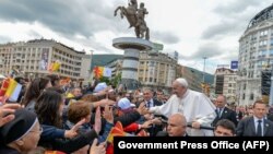 Pope Francis greets the crowds in Skopje on May 7.