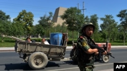 A Chinese paramilitary policeman a checkpoint on the road to the riot-affected Uyghur town of Lukqun in Xinjiang Province on June 28.