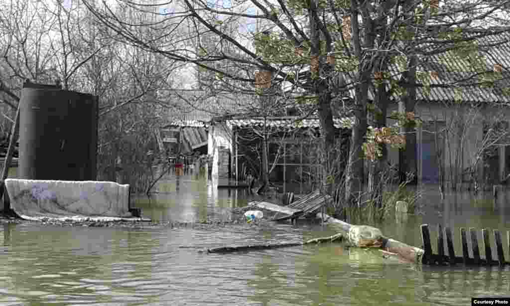 Тасқын су астында қалған Садовое ауылындағы тұрғын үйлер. 15 сәуір 2015 жыл.