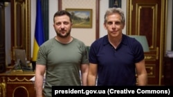 Ukrainian President Volodymyr Zelenskiy (left) meets with Hollywood actor and goodwill ambassador Ben Stiller in Kyiv on June 20.