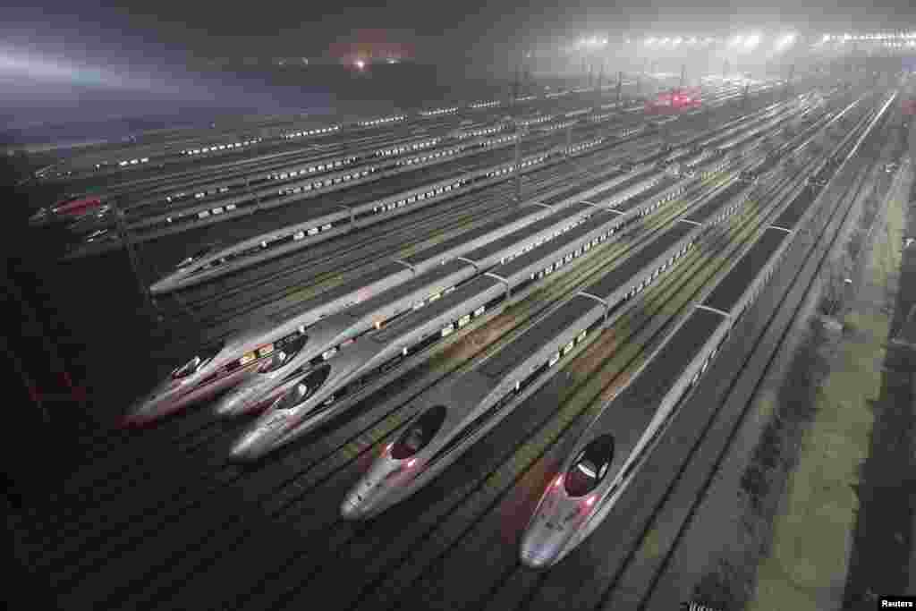 Harmony bullet trains parked at a high-speed train maintenance base in Wuhan, Hubei Province, China. (REUTERS/Stringer)