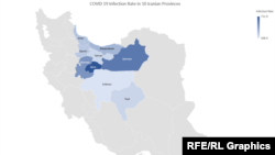 Map of the COVID19 infection rate in 10 Iranian province