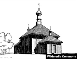 Українська церква у польському селі Городок, яке постало на руїнах давнього міста Волинь. Малюнок 1941 року