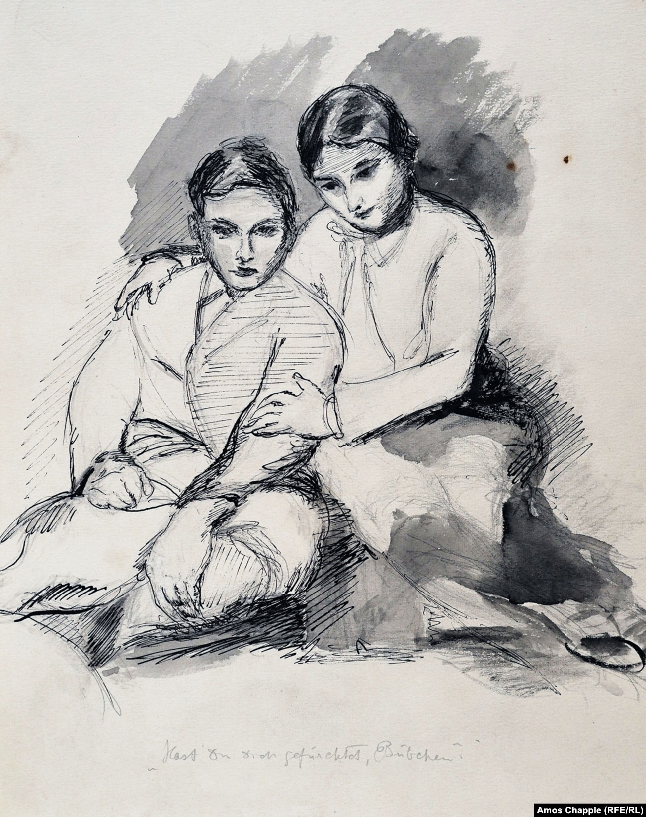 A sketch captioned with the phrase "Were you frightened, little one?" may depict Gertrud Kauders with Cornelius (1916-2002), the father of Miriam Kauders.