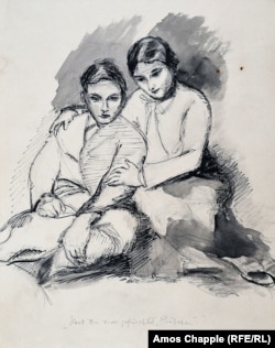 Нарис із підписом «Ти злякався, малятку?» зображає Гертруд Каудерс із Корнеліусом (1916–2002), батьком Міріам Каудерс