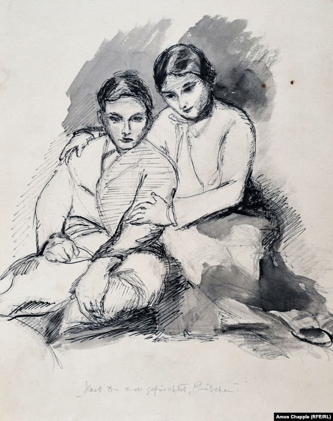 A sketch captioned with the phrase "Were you frightened, little one?" may depict Gertrud Kauders with Cornelius (1916-2002), the father of Miriam Kauders.