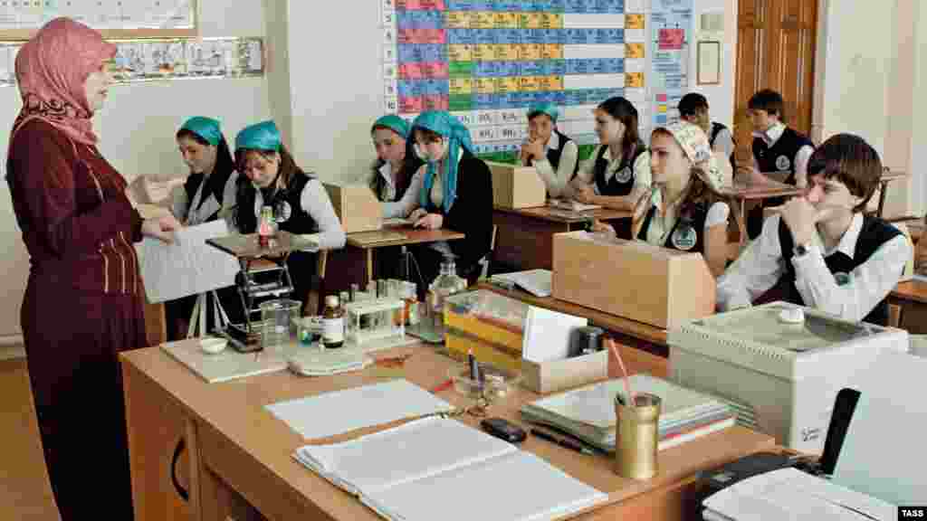 Children study chemistry at a school named after former Chechen leader Akhmad Kadyrov in Grozny.